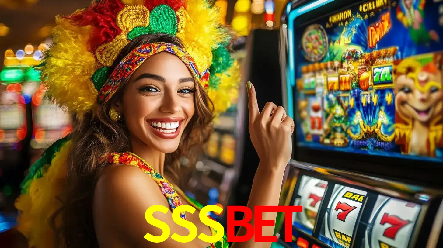Mulher animada com um cocar de carnaval apontando para uma máquina de caça-níqueis, mostrando a emoção de ganhar um grande prêmio nos jogos do SSSBET.