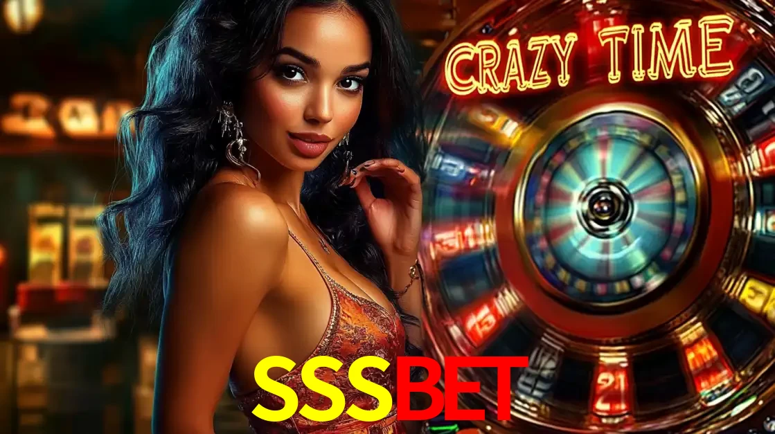 Mulher elegante ao lado da vibrante roda da fortuna do jogo de cassino ao vivo Crazy Time, um dos game shows mais populares e cheios de prêmios do SSSBET.