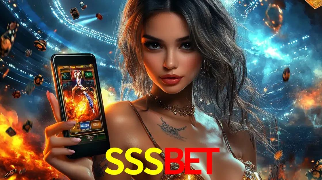 Mulher segurando um celular com um jogo de slot em destaque, tendo como fundo um estádio vibrante, simbolizando a emoção de jogar no cassino móvel SSSBET.